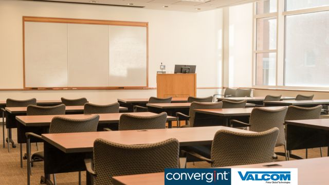 classroom modern setup, chairs, tables, blackboard.