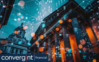 Smart contracts and AI financial advisors set against the backdrop of historic banking institutions