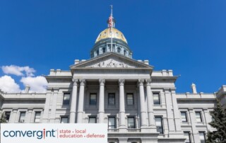 Colorado state Capitol building against blue sky in Denver city